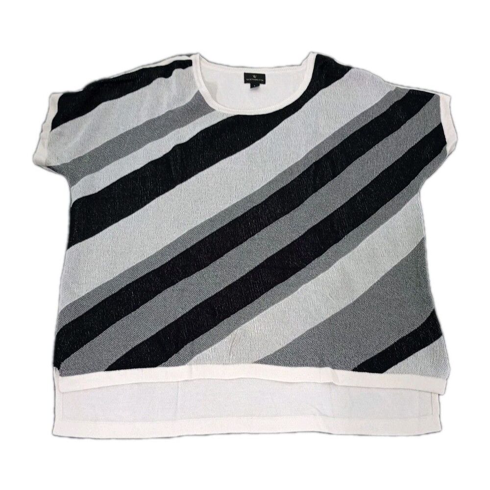 Worthington Women's Large Knit Top Short Sleeve Diagonal Stripes Gray Black Whit